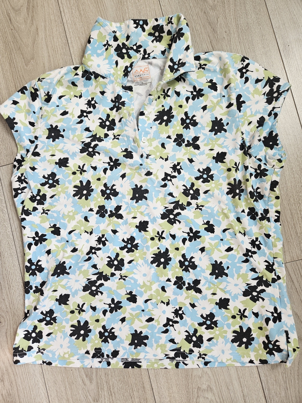 Ashworth AWS Floral Golf Polo Shirt Large Women Blue Green Short Sleeve Casual🔥